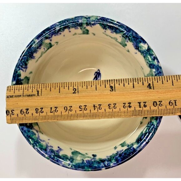 Small Pottery Serving Bowl Blue Sponge Painted Flower Hyacinth or Lupin 4" dia - Picture 5 of 5